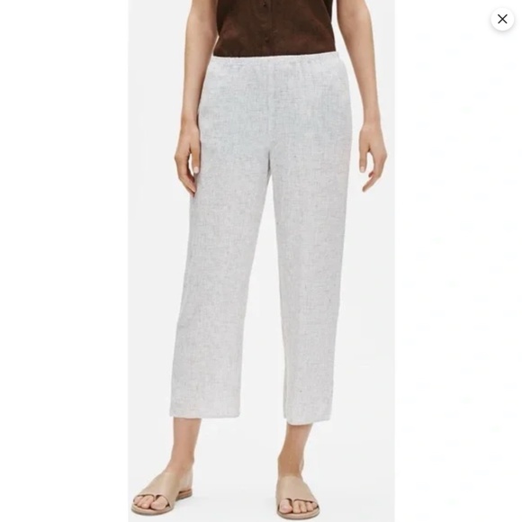 Eileen Fisher Organic Linen Pant L Check Plaid Pull On Beach Coastal Minimalist - Picture 1 of 11